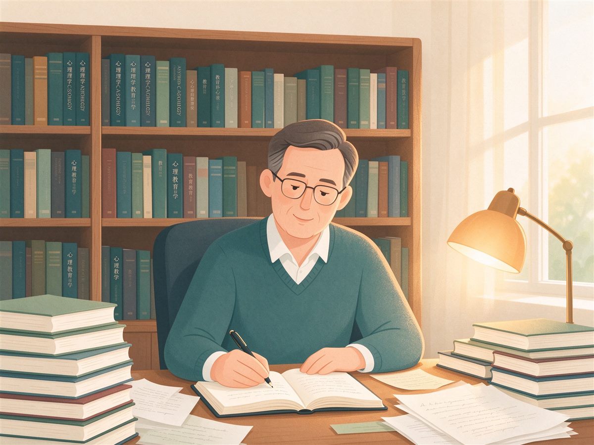 学者在书房书桌前伏案书写研究笔记的插画